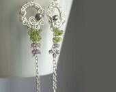 Summer Lavender - amethyst, peridot and freshwater pearl on silver plated wire wrapped cluster earrings