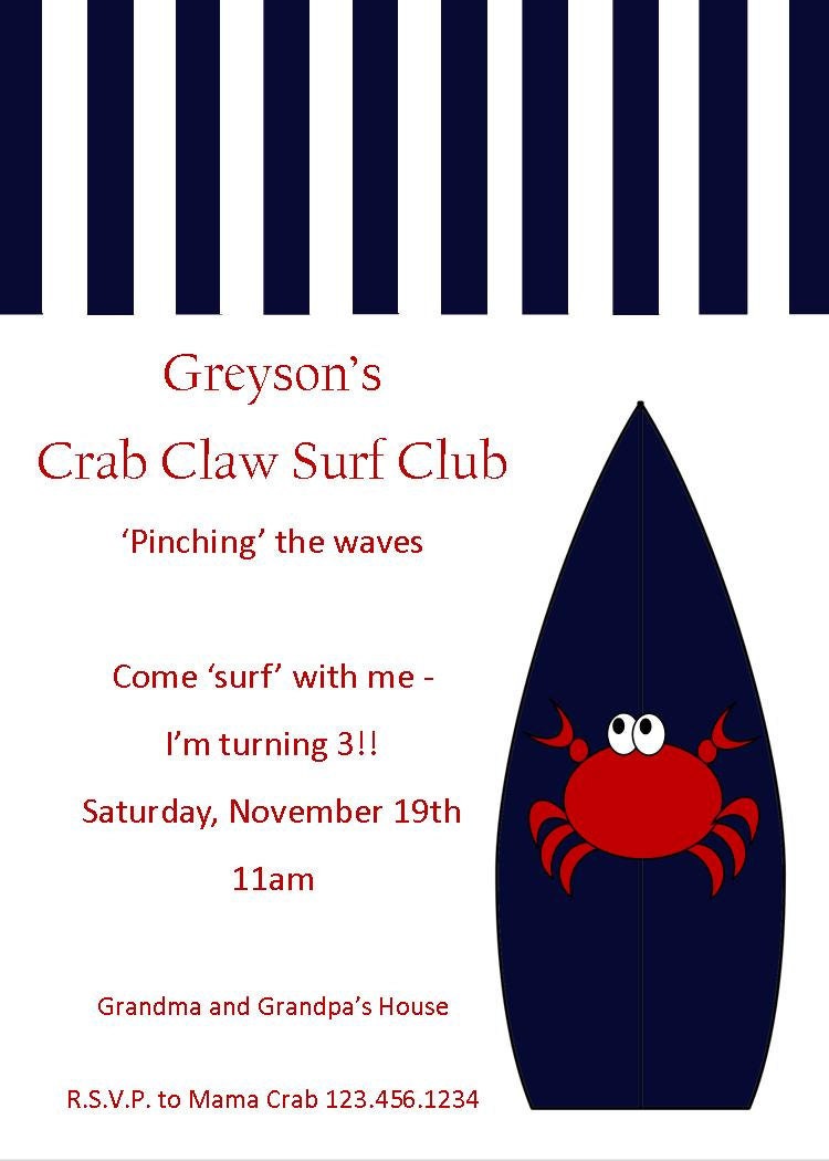 CUSTOM Invitations - Custom Crab Claw Surf Club Collection - BellaGrey Designs Il_570xn