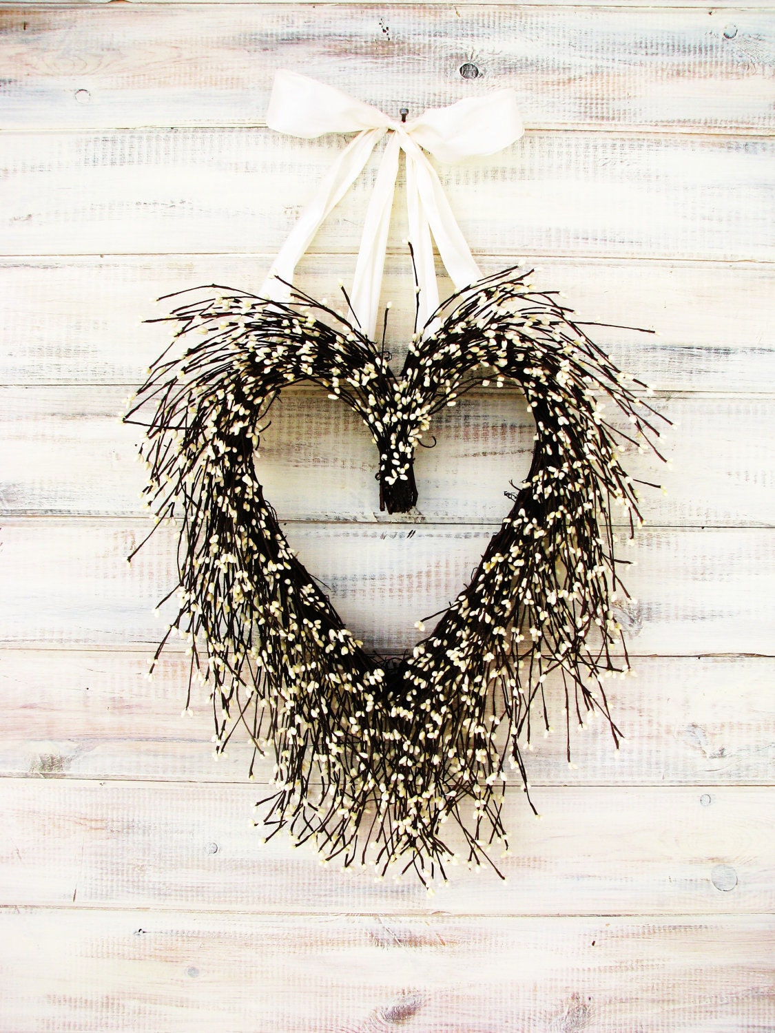 ANTIQUE WHITE HEART Wreath-Spring Door Wreath-Summer Wreath--Rustic Woodland Wedding-Scented Vanilla-Choose your Scent & Ribbon