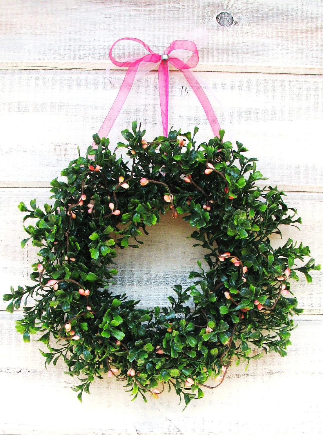 SHABBY CHIC PINK-Mini Window Wreath-Country Cottage Wreath-Small Artifical Boxwood Wreath-Wall Hanging-Scented Vanilla-Choose Scent - Ribbon