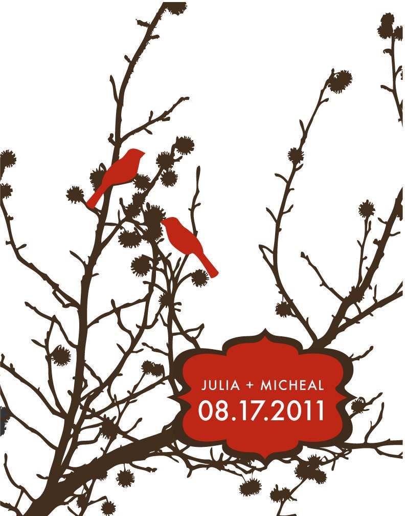 Couples Print or Gift, Two Love Birds- 11X14 Inches, more sizes and colors
