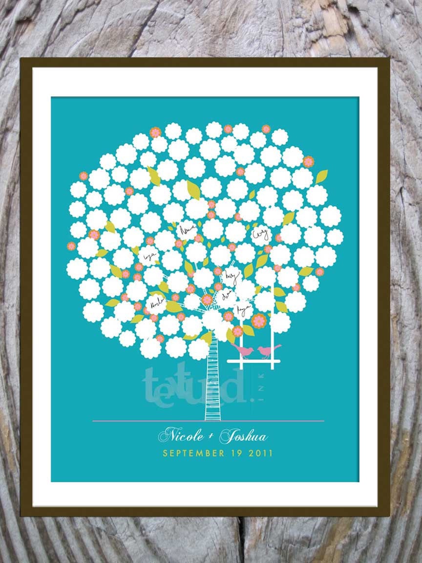 Wedding Guest Book Poster, Birds on a Swing- 16X20 Inches, 100 Signatures, More sizes available