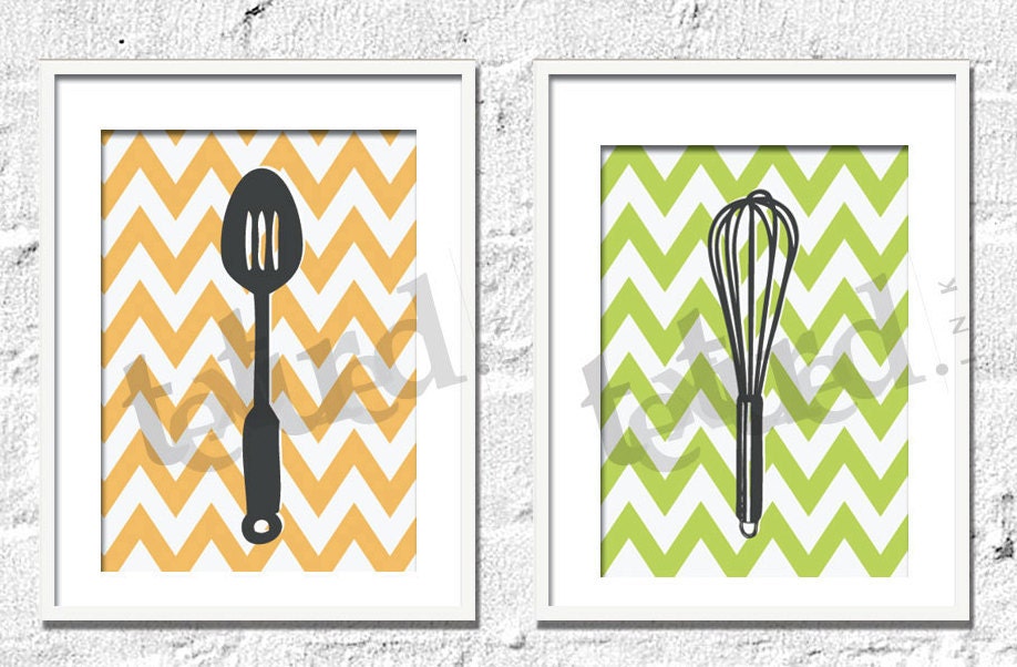 Kitchen Art Prints - Chevron Kitchen Set of 6- 5X7 Inches, Choose colors and custom sizes, Fathers Day, Mothers Day