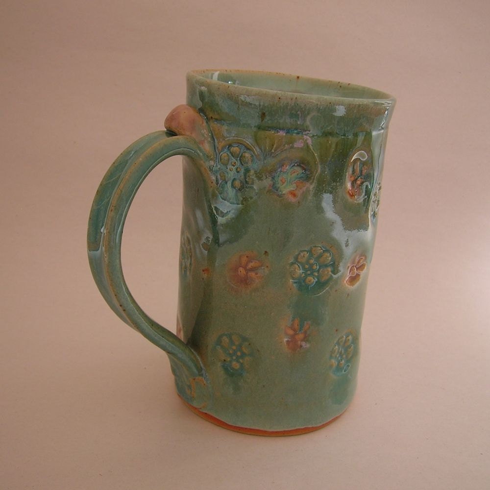 Handbuilt Stoneware Pottery Mug,  Stamped Aqua, 14 ounces