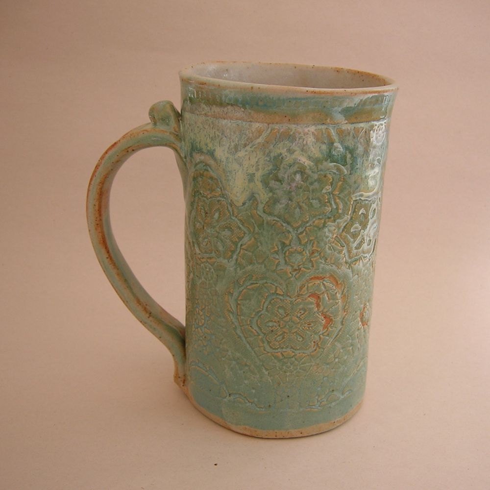 Handbuilt Stoneware Pottery Mug, Lace Textured Aqua, 14 ounces