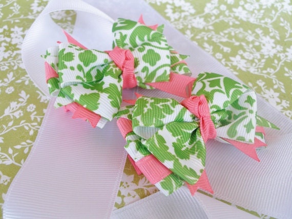 Hair Bow-- Pigtail bow set-- Mini Layered Boutique Hair Bows-- Green Damask and Pink