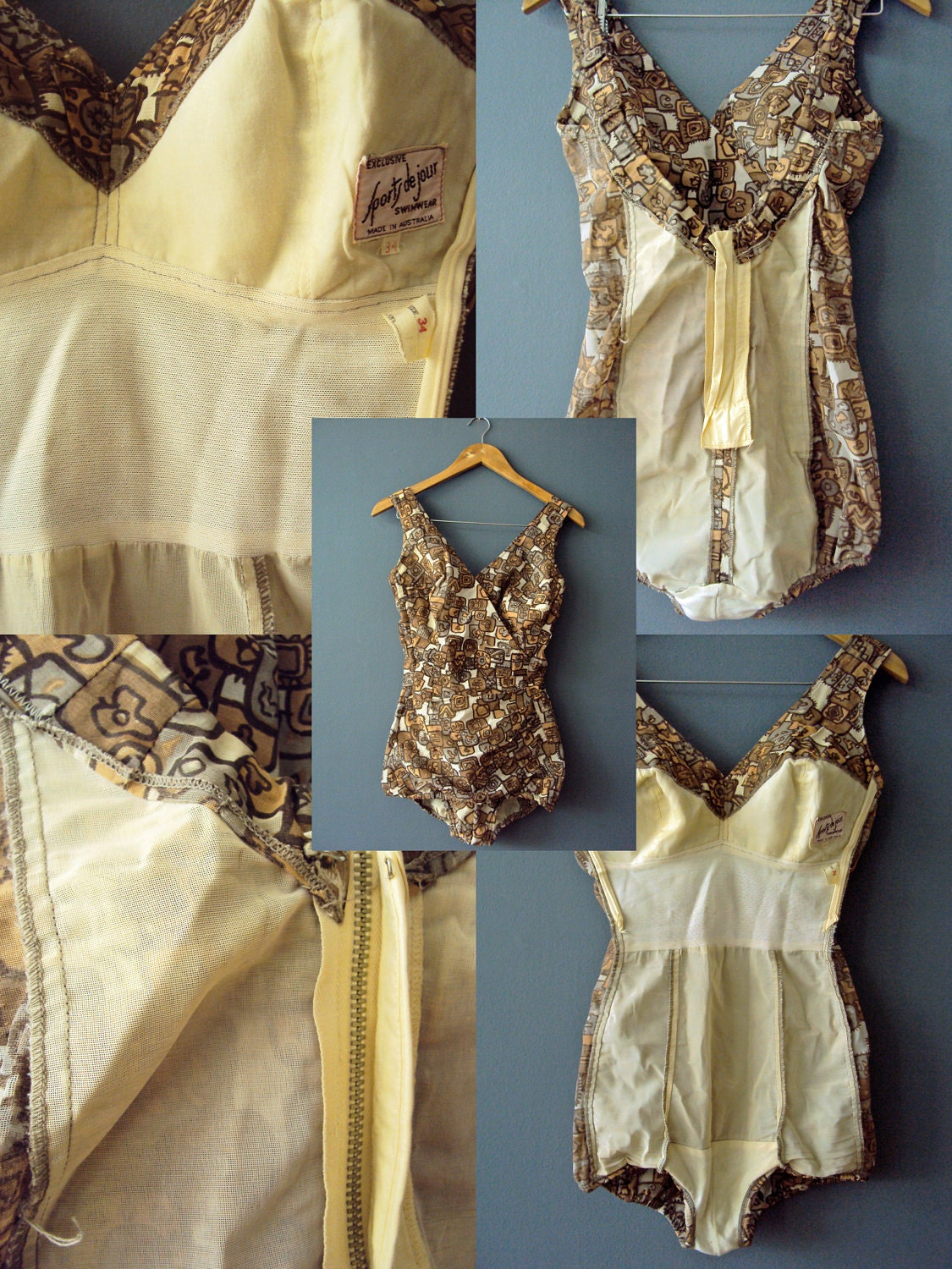 Vintage 50s Bathing Suit One Piece Swim Suit Abstract Geometric Brown Medium Australian Vintage
