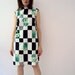 Vintage 60s Shift Dress Green Roses Black White Checks Graphic Floral Cotton Mod Dress