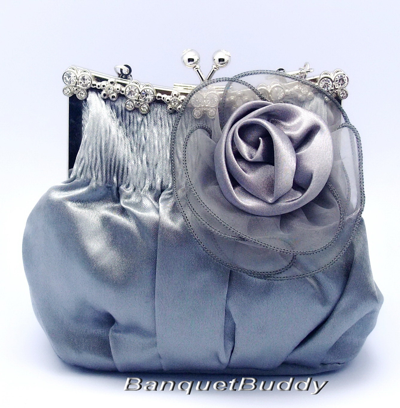 CLEARANCE SALE-Charming silver gray satin rose clutch purse (with long and short metal chain)