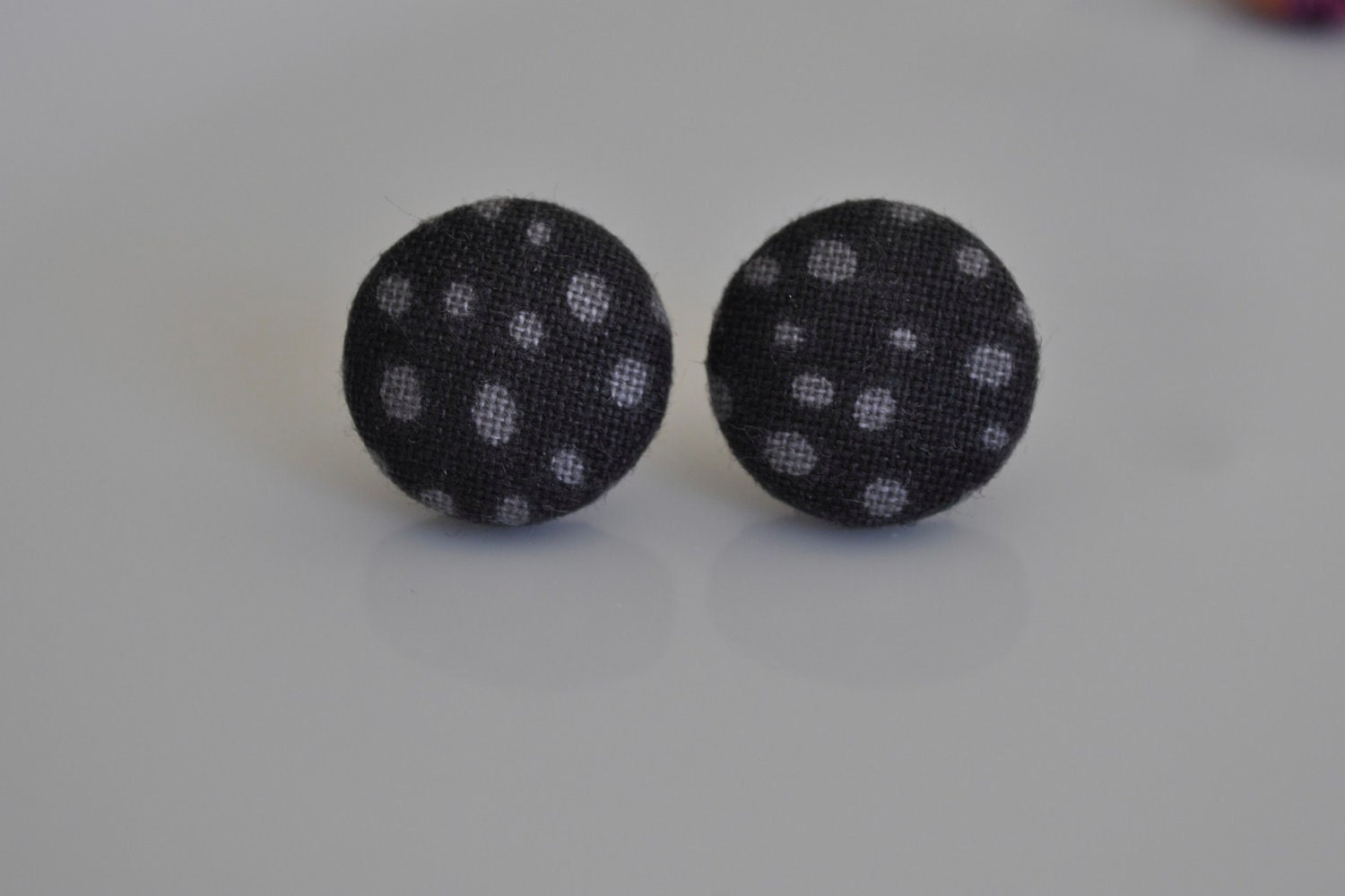BUY 1 GET 1 FREE, Fabric Button Earrings, Grey Polka Dots