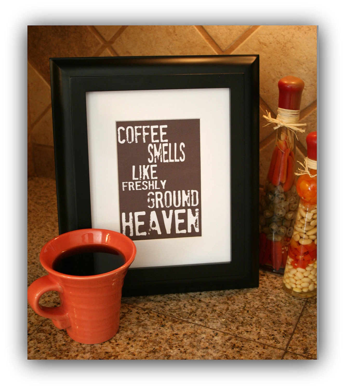 Typography Coffee Art Poster - Coffee smells like Heaven Coffee Print 5 x 7 with Mat