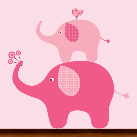 Polka Dot Pink Pattern Elephants and Bird Vinyl by WhimsyWallArt