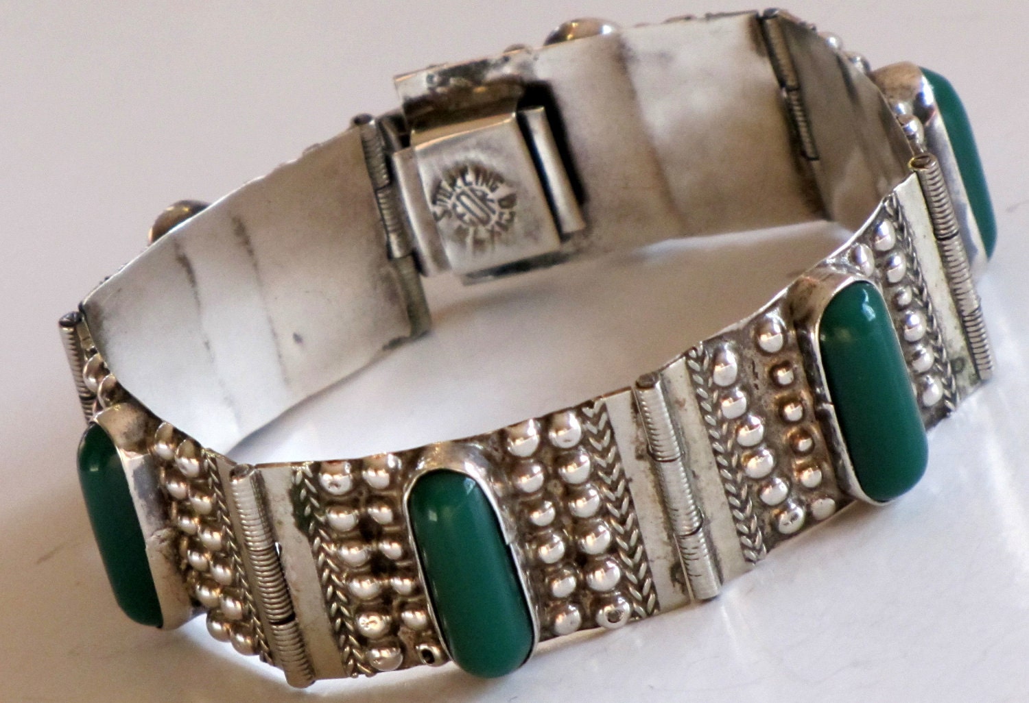 EARLY MEXICAN SILVER, Iguala Sterling & Jade Bracelet, 29 Grams