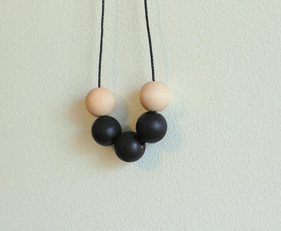 minimalist tribal wood bead necklace - black, natural wood - hand painted - color blocking