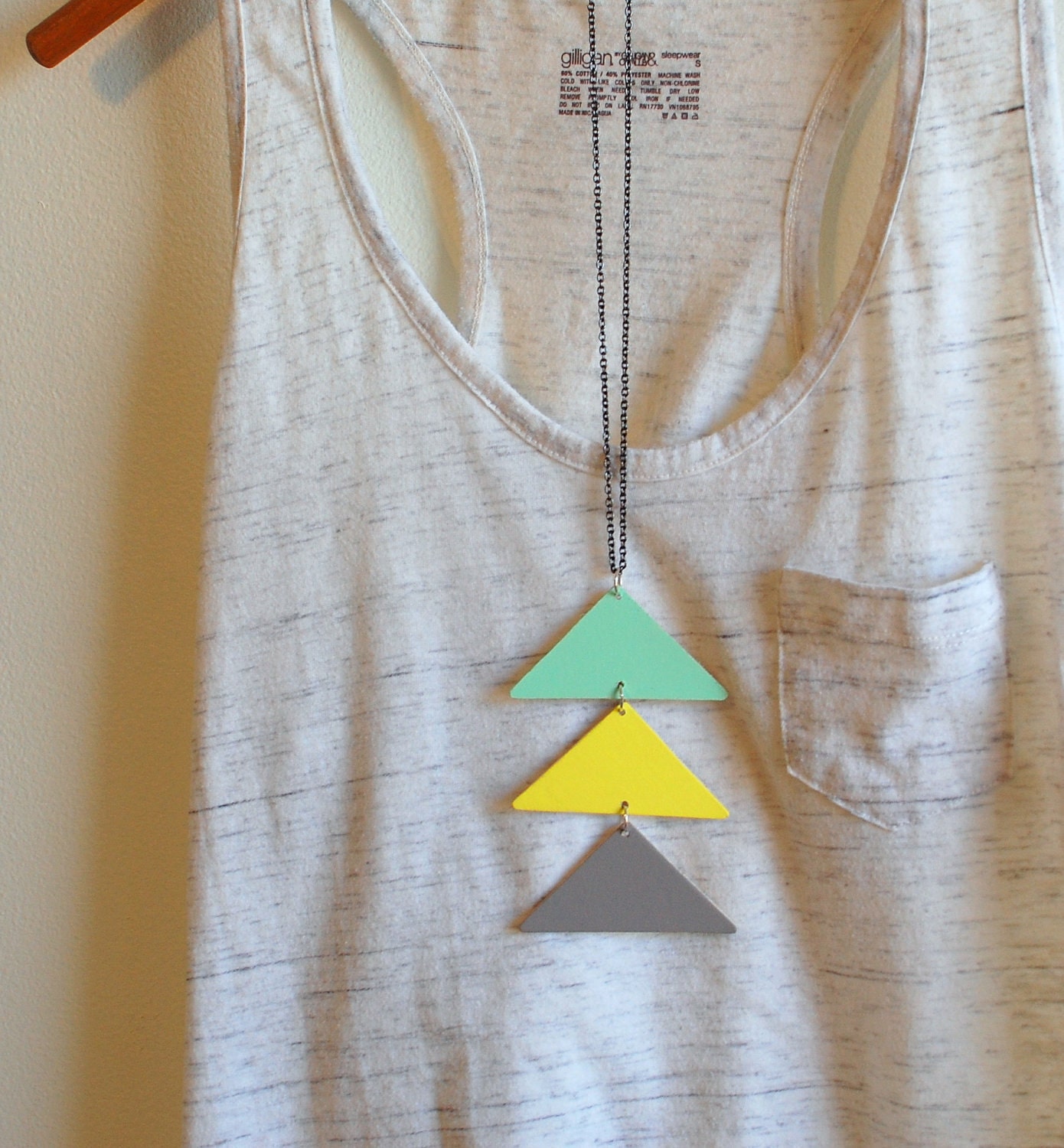triangles necklace - mint, yellow, grey - oxidized silver chain - extra long chain