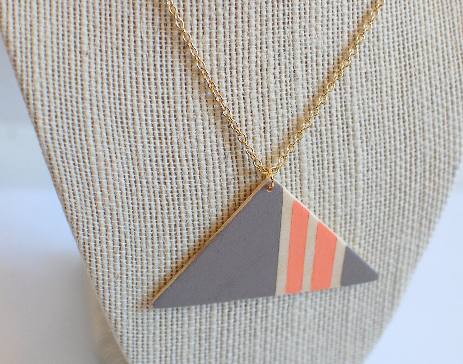 geometric wood triangle stripe necklace in coral and gray
