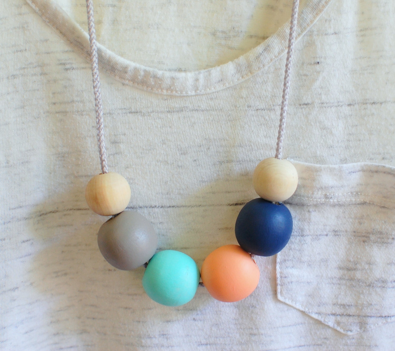 painted wood bead statement necklace - grey, navy, coral, turquoise