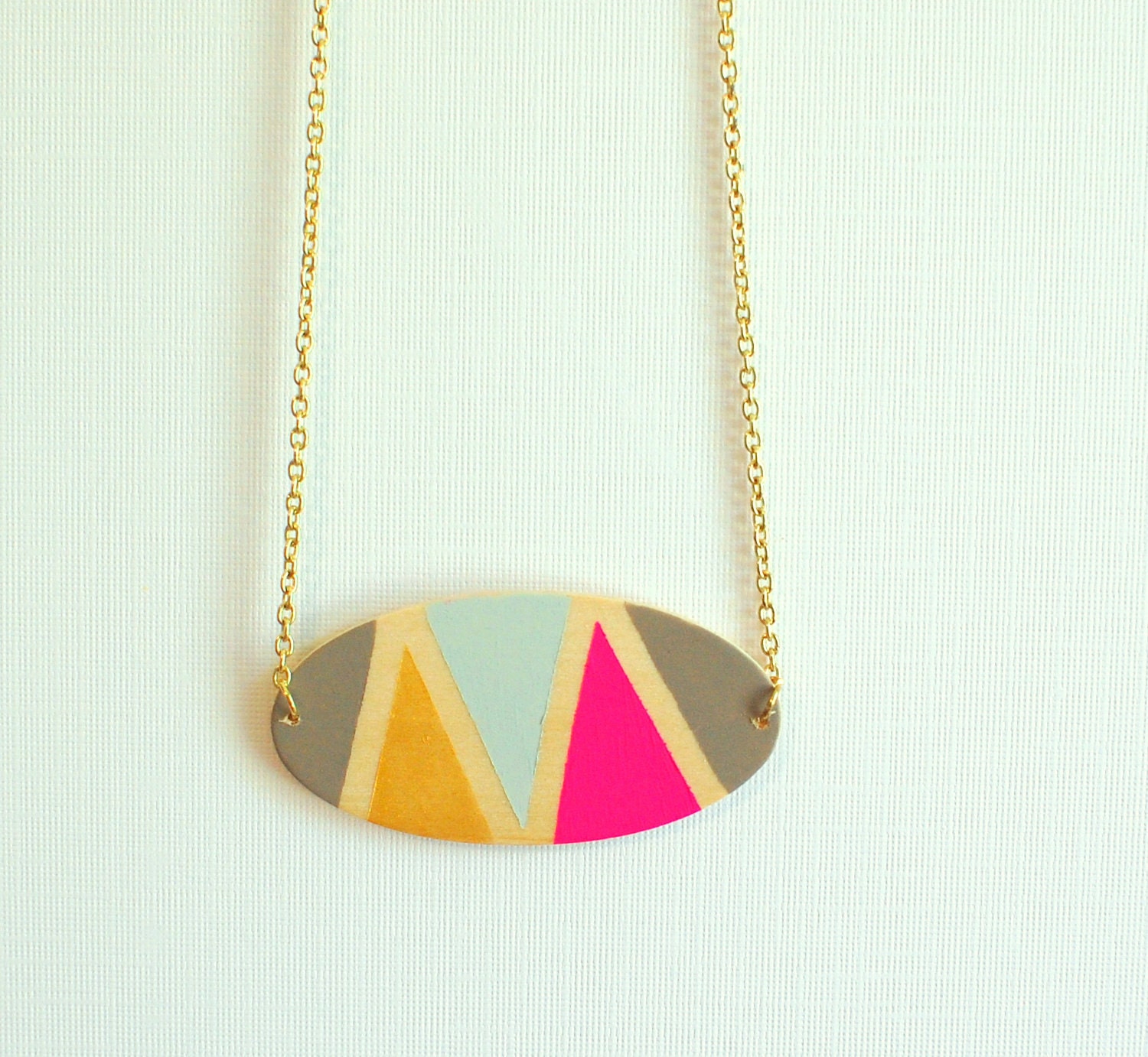 wood geometric pattern necklace - hot pink, gold, grey, light blue - gold chain