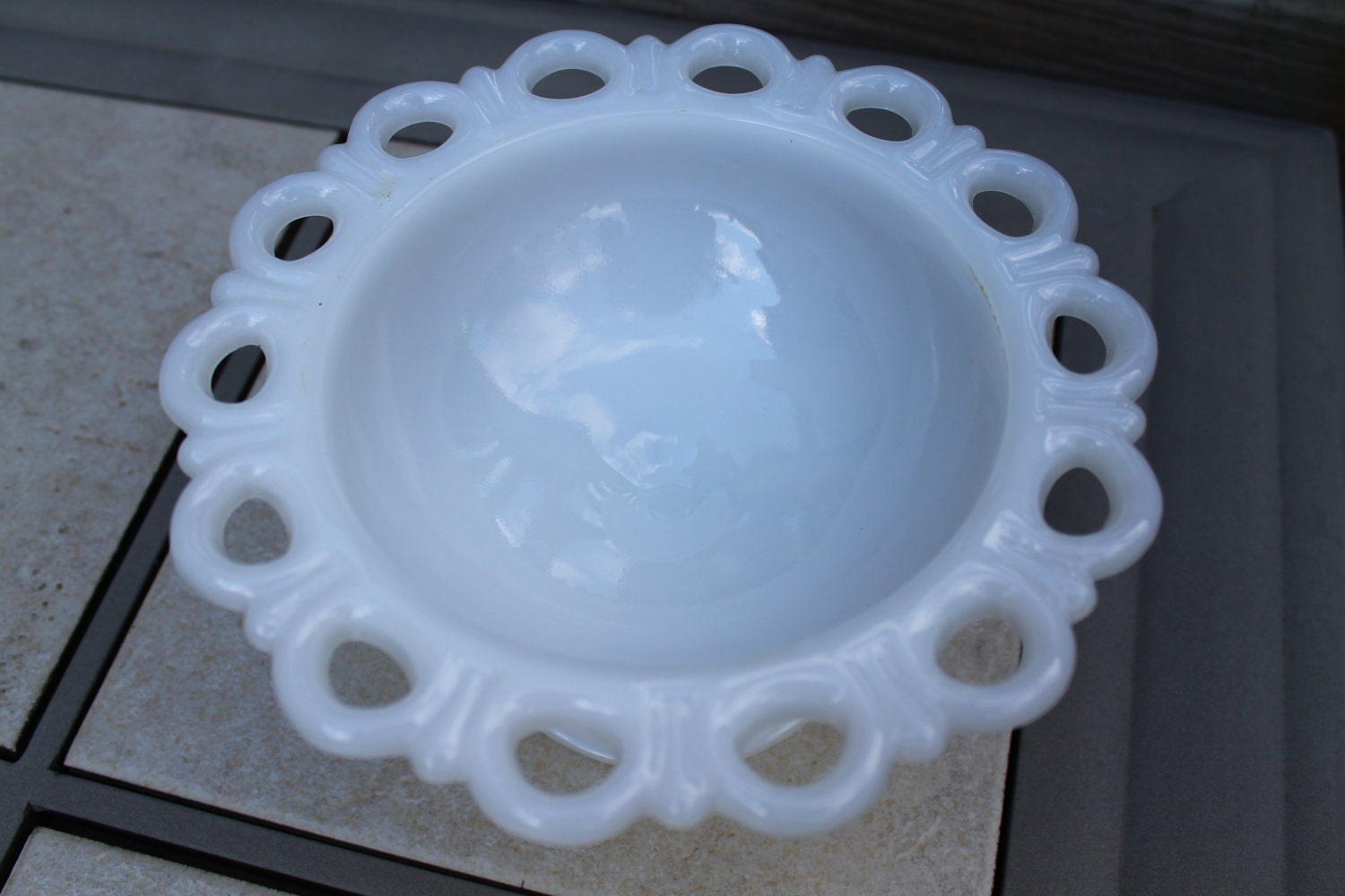 Vintage Milk Glass Candy Dish shabby chic lace edge compote dish pedestal