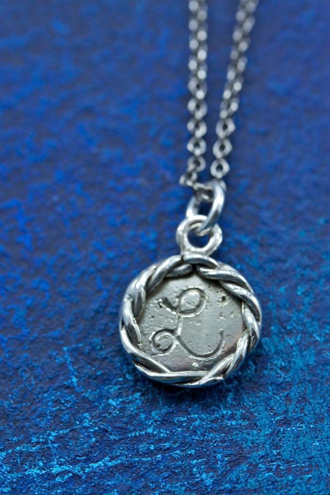 Sterling Silver Small Nautical Rope Edge Engraved Initial Charm