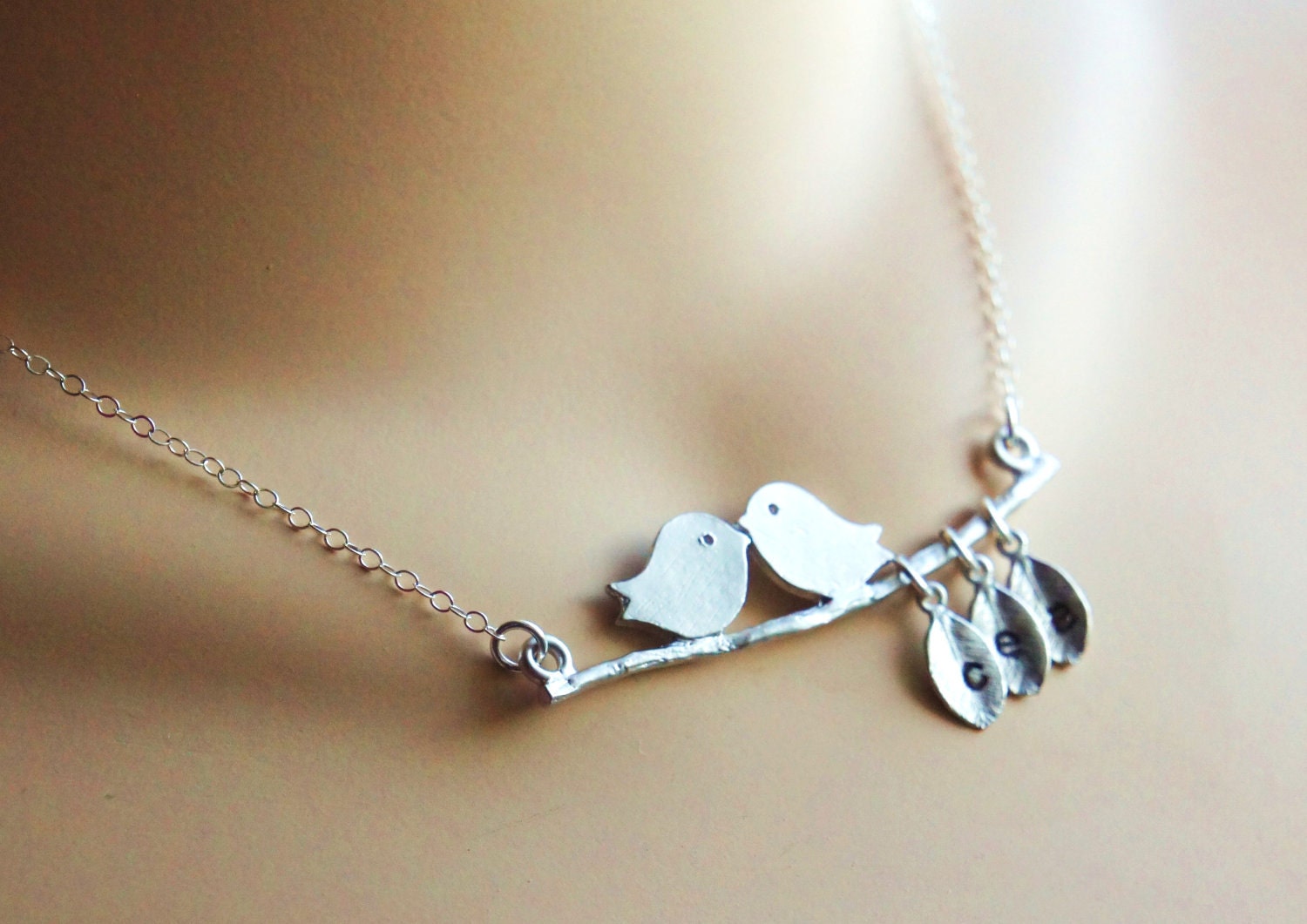 Personalized Mommy's Lovebirds Necklace Hand Stamped Sterling Silver Name Initial Necklace Kissing Birds Branch NecklaceMothers Day