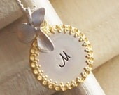Personalized Initial Necklace - Hand Stamped Custom Monogram Name Necklace - Sterling Silver Gold Brass with Flower Charm - Gift for Her