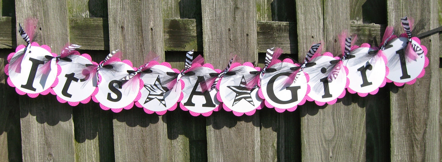 Baby Shower Banner - It's a Girl - Pink Black and Zebra
