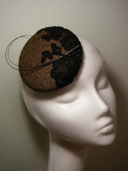 Birmingham-Brown Wool, Curled Feather, Black Lace, Cocktail, Fascinator, Hat