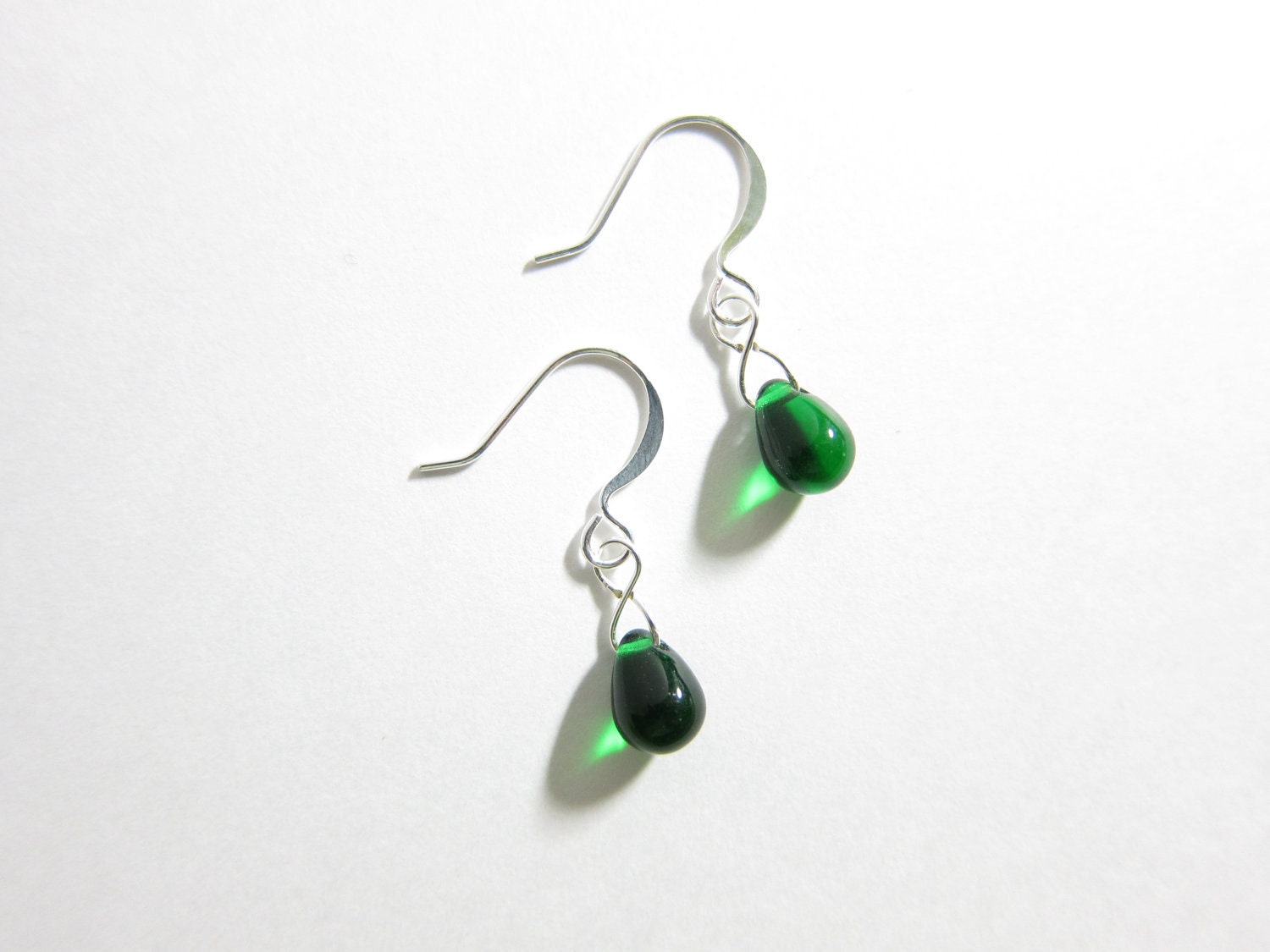 Emerald Green Czech Glass Teardrop Dangle Earrings