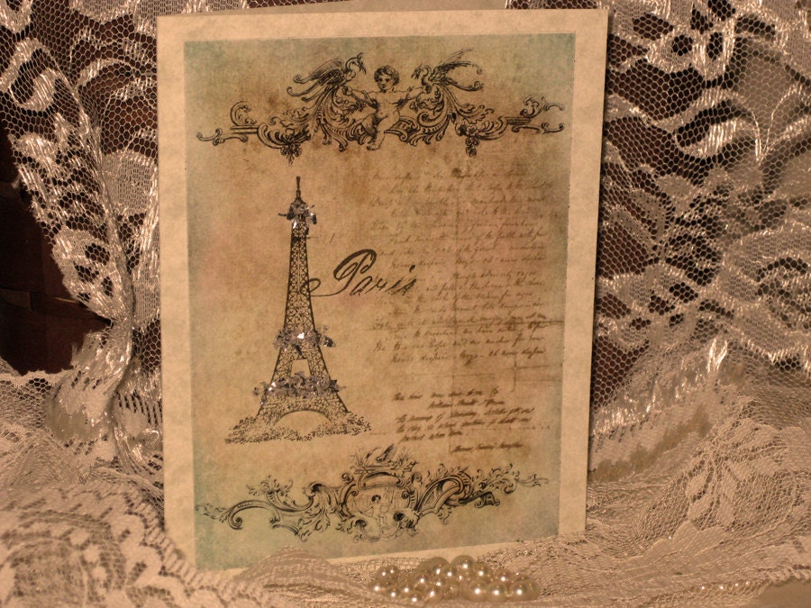 Vintage French Design Handmade Cards Adormed with Bling on Parchment