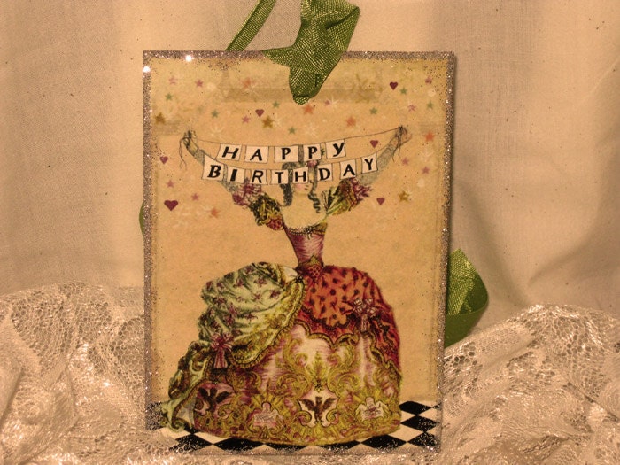 French Market Vintage Style Marie Antoinette Glittered Gift Tag Happy Birthday Sentiment ECS