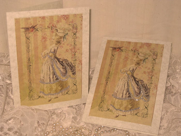 Vintage French Design Handmade Cards Adorned with Glitter French Romance on Parchment ECS