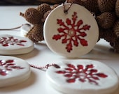 Ceramic christmas ornament red and white, set of  five , home decor, gift tags