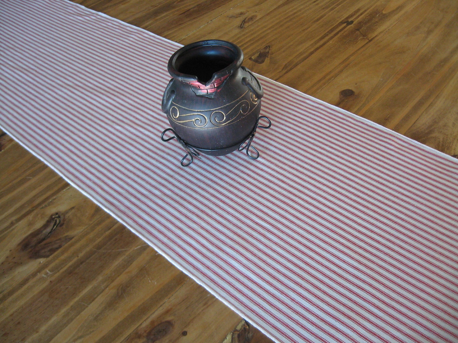 Rustic Ticking Red With Cream (off white) Table Runner 14" x 66"