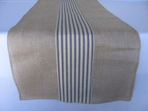 Burlap With Blue/Cream Ticking Runner by LaruesLine on Etsy