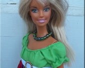 Barbie Dress Holiday Clothes Peasant Top Strip Skirt Christmas Fabric Green Necklace White Belt Sash