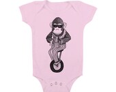 Childrens Onesie Clothing MONKEY Riding a Unicycle Baby Bodysuit - Pink  Banana Blue White (4 Colors) (chbb)