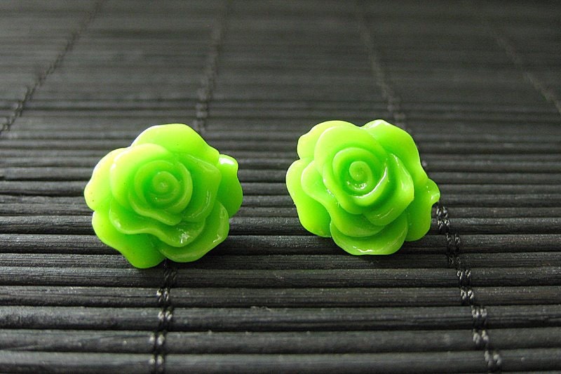 Flower Earrings: Lime Green Post Earrings with Resin Roses. Flower Jewelry. Handmade Jewelry.