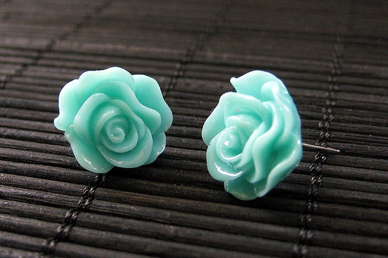 Rose Flower Earrings in Aqua and Silver Post Earrings.  Flower Jewelry by StumblingOnSainthood. Handmade Jewelry.