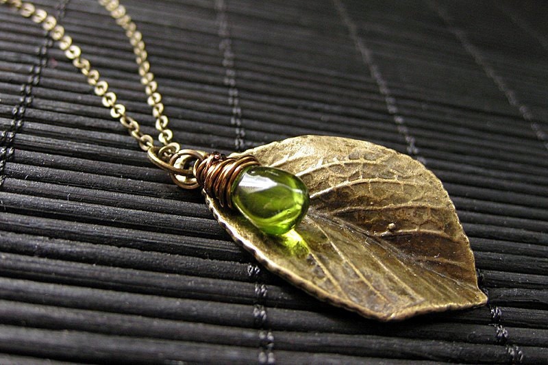 Leaf Necklace in Bronze with Wire Wrapped Green Teardrop Charm. Handmade Jewelry.