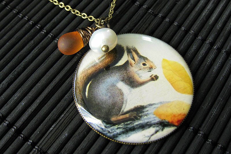 Gray Squirrel Charm Necklace in Bronze with Amber Glass Wire Wrapped Teardrop and Pearl. Handmade Jewelry.