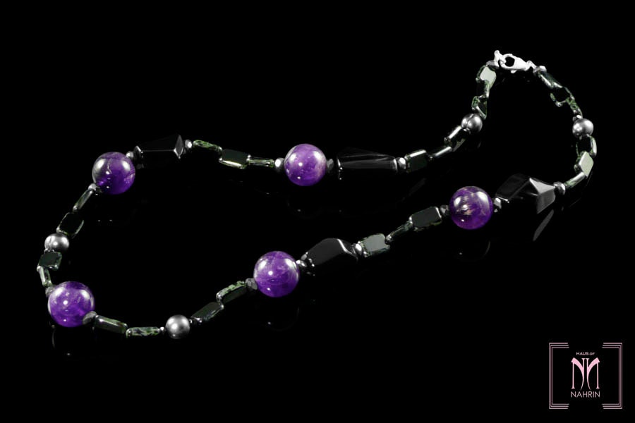 Chunky Purple Necklace of Amethyst and Peacock Pearls