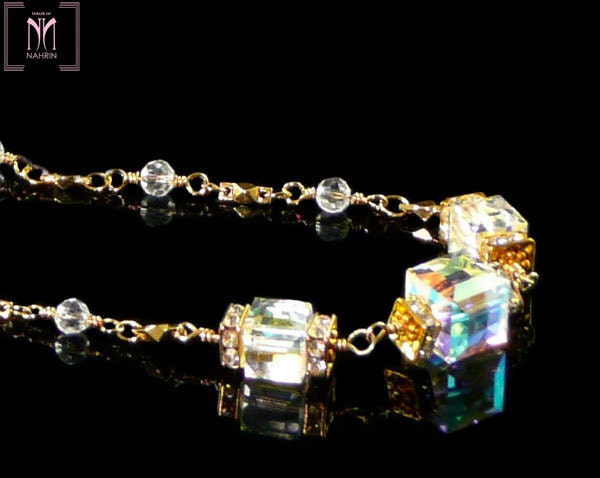 Cube Crystal Necklace of Swarovski Stones and Gold Chain