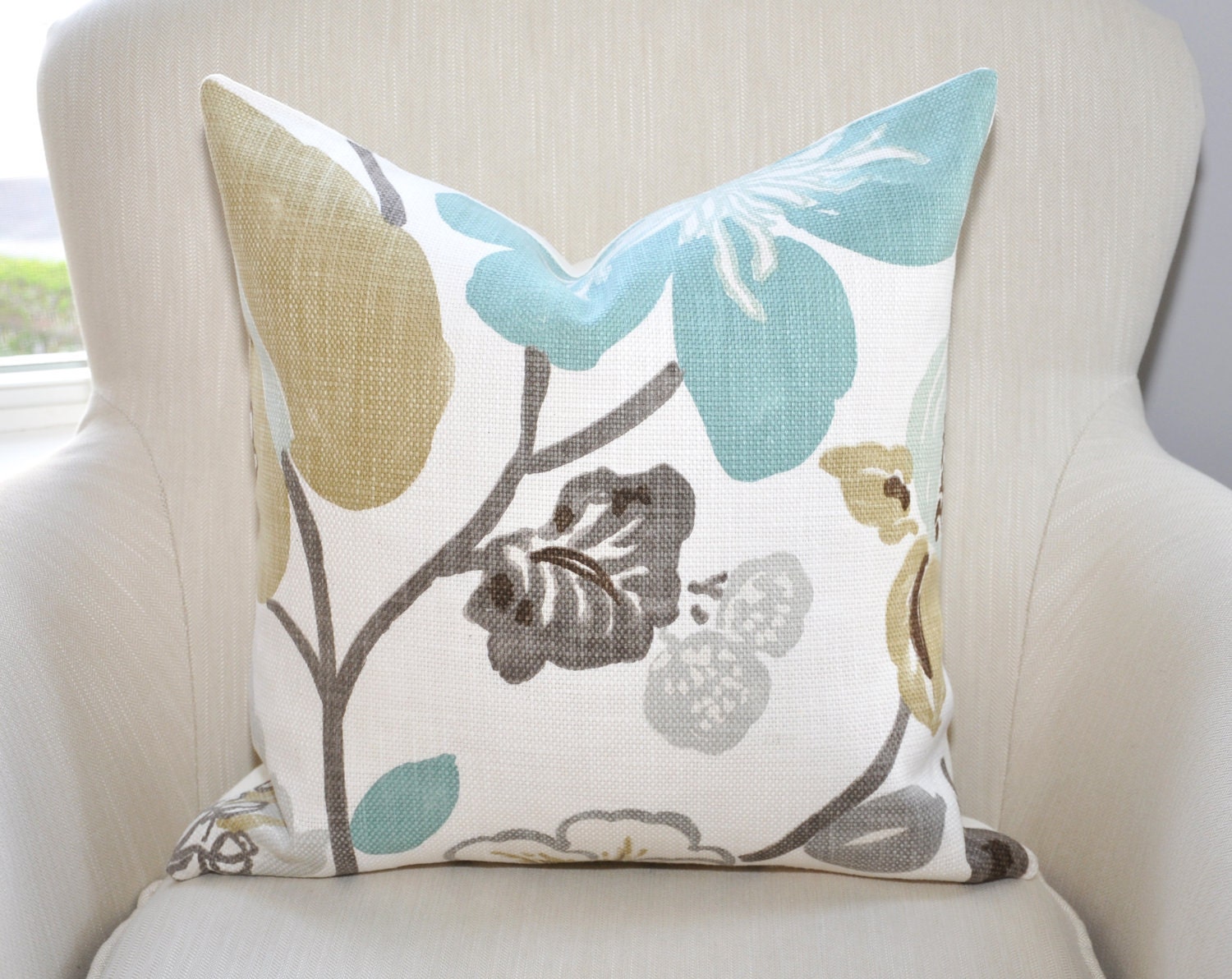 READY TO SHIP // Kravet Jellybean Floral Pillow Cover -- 18x18 -- Aqua/Gold/Gray -- Zipper Closure