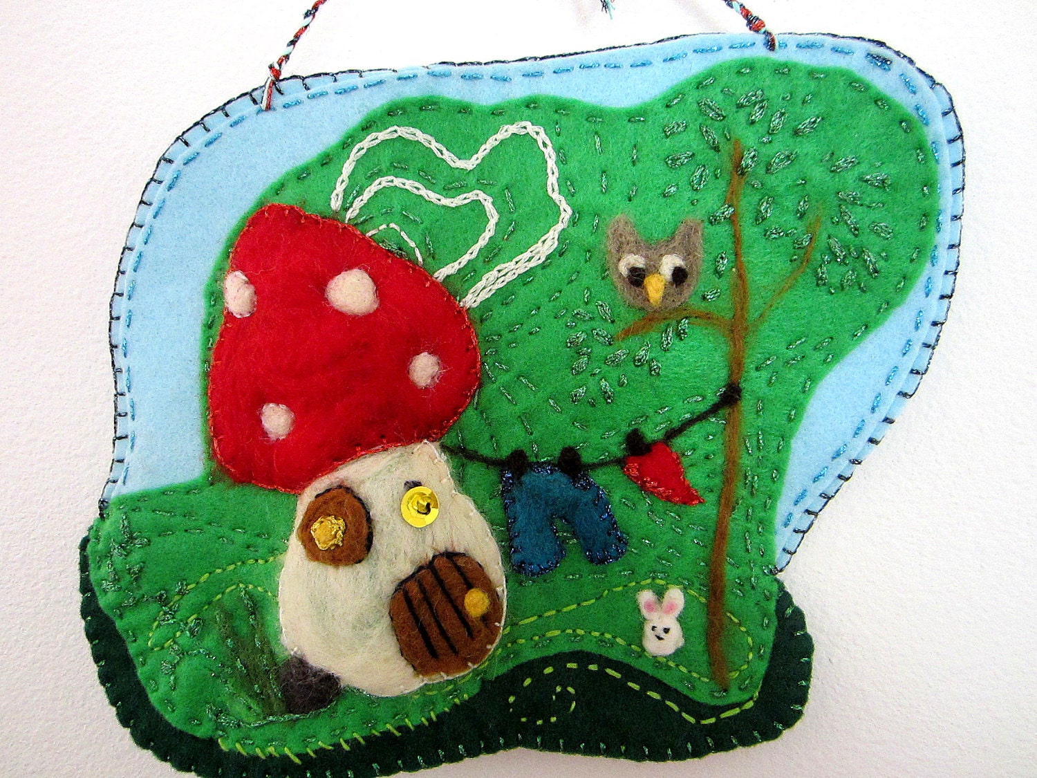 nursery wall art mushroom wall hanging with an owl and bunny woodland house 10" x 7,5"