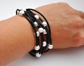 Freshwater Pearl and Leather Bracelet Multi-Strand Black with White Pearls