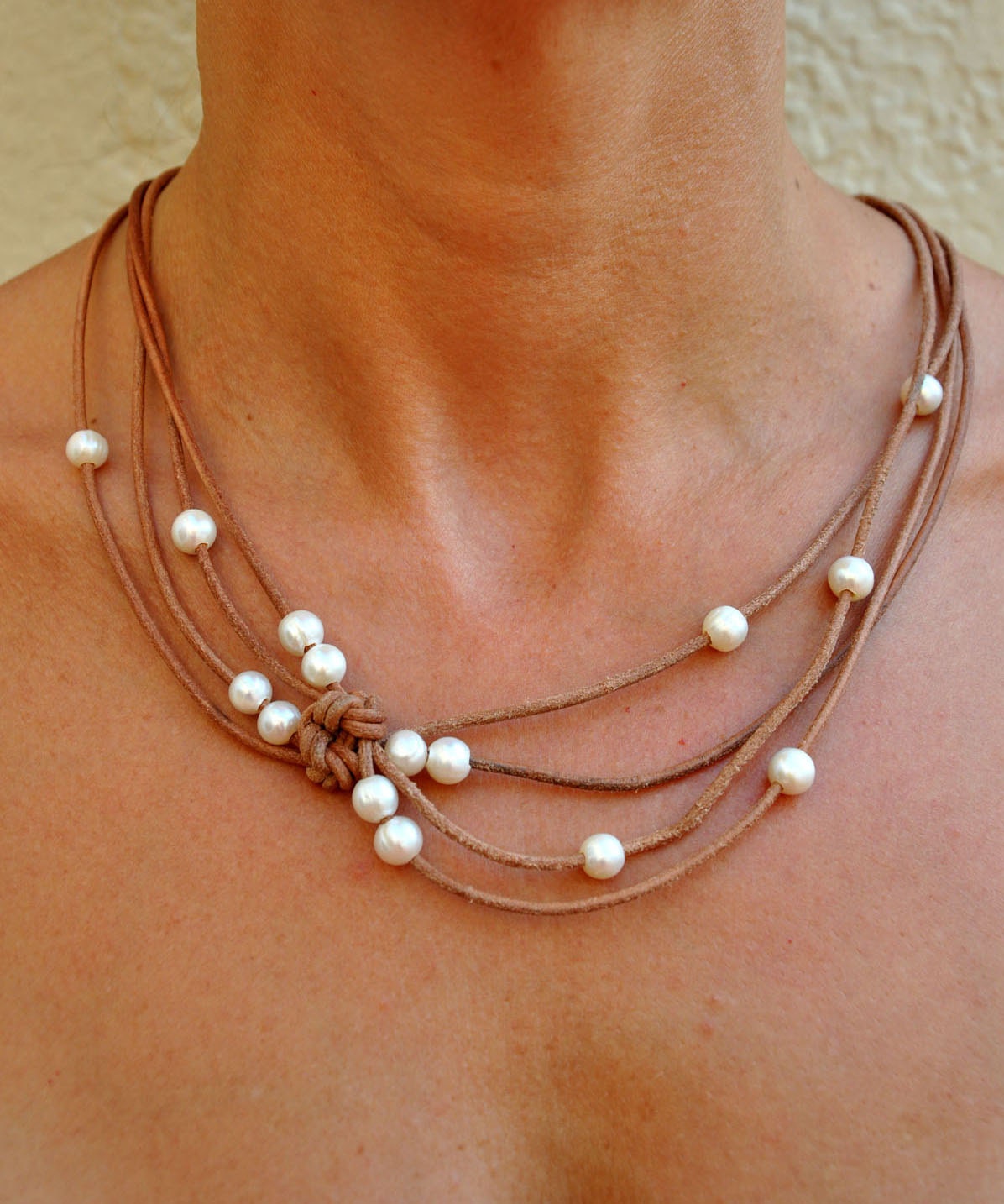 Pearl and Leather Natural Reef Knot Necklace - Pearl and Leather Jewelry Collection