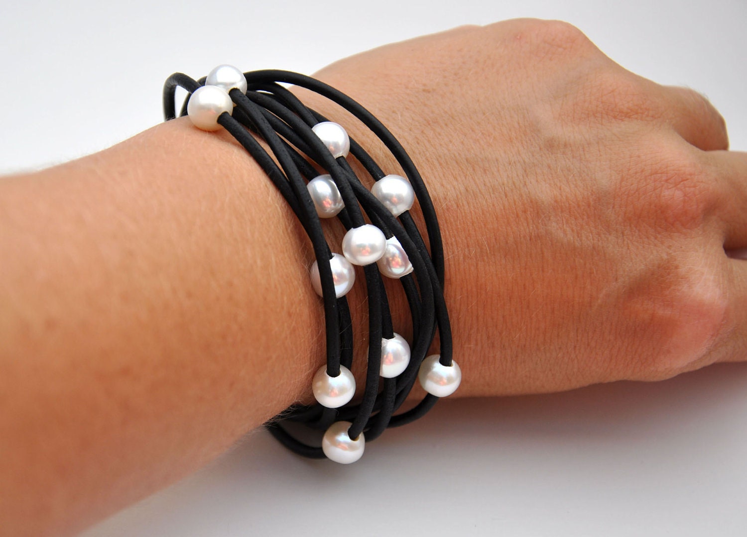 Freshwater Pearl and Leather Bracelet - Multi-Strand Black with White Pearls - Pearl and Leather Jewelry Collection