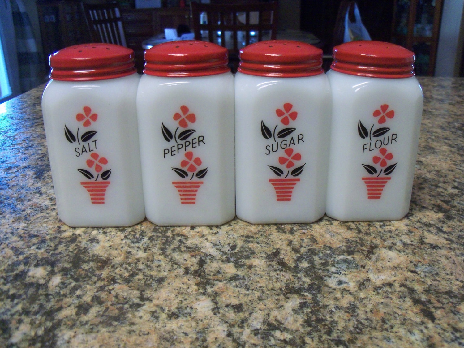 Vintage McKee Tipp Flower Pot Range Shakers-Salt Pepper Sugar Flour