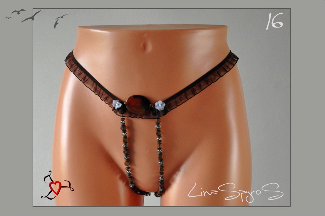 Sexy Jeweled G Strings, Braun, Semiprecious Stone, Size S to M, Worldwide Shipping